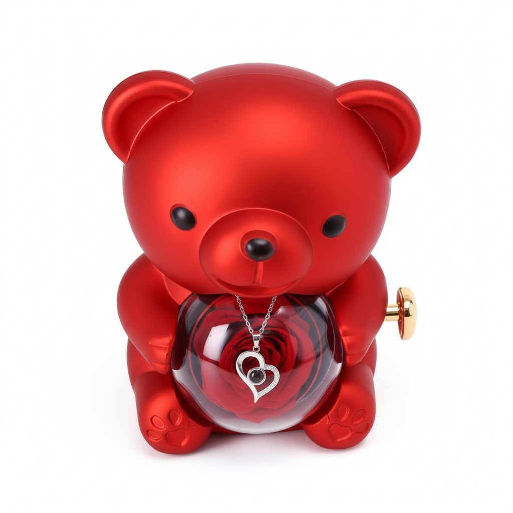 Eternal Rose Teddy Bear Gifts Box Christmas Gift Necklace Jewelry Box for Bridal Show Mother's and Valentine's Day Wedding Gift